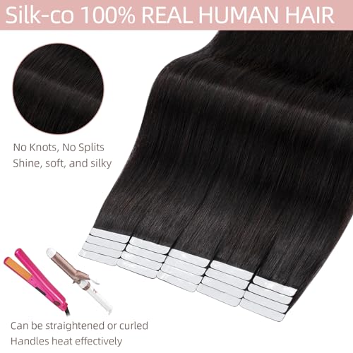 Silk-co 40 Pcs Hair Extensions Tape in Human Hair #1B Natural Black Real Human Hair Extension Skin Weft Seamless Straight (12inch - Image 3
