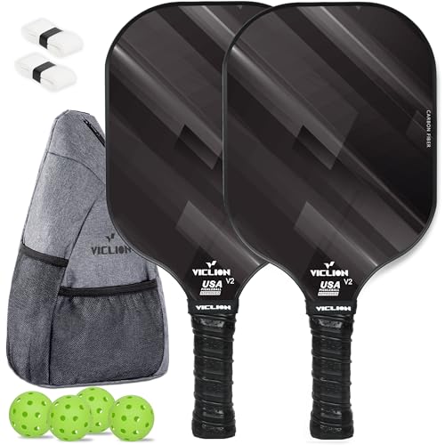 Pickleball Paddles, Juego de 2 Palas de Pickleball de Fibra de Carbono aprobadas por la USAPA, Incluye 4 Pelotas y 1 Bolsa, Raquetas Ligeras para Principiantes (Negro)