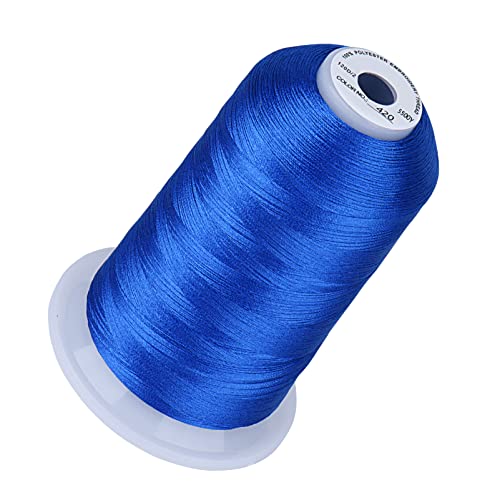 Image of Simthread Embroidery Thread 5500 Yards Electic Blue 420, 40wt 100% Polyester for Brother, Babylock, Janome, Singer, Pfaff, Husqvarna, Bernina Machine | High-yardage 5000M spool offers smooth feeding and stable 40WT polyester thread for home and commercial embroidery machines.