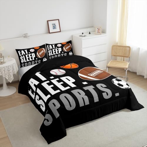 Image of Feelyou Twin Size Sports Comforter Set Boys Girls Bedding Set for Sports Lover Gift Ultra Soft Football Soccer Basketball Baseball Quilt Breathable Lightweight Microfiber Black Ball Game Room Decor