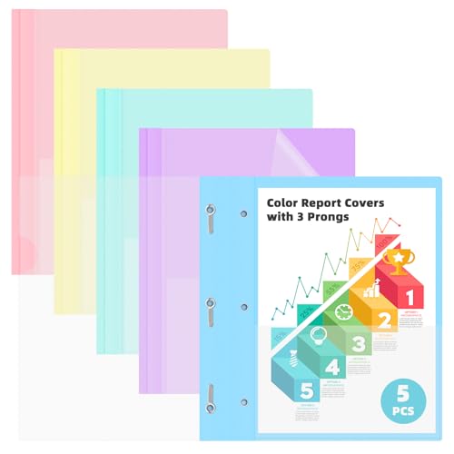 Image of HAUTOCO 5 Pack Plastic Report Covers with 3 Prongs Fasteners Clear Front Resume Portfolio Folder for 8.5x11 Letter Size Paper, Presentation Document Report Cover for School Office Business, 5 Colors