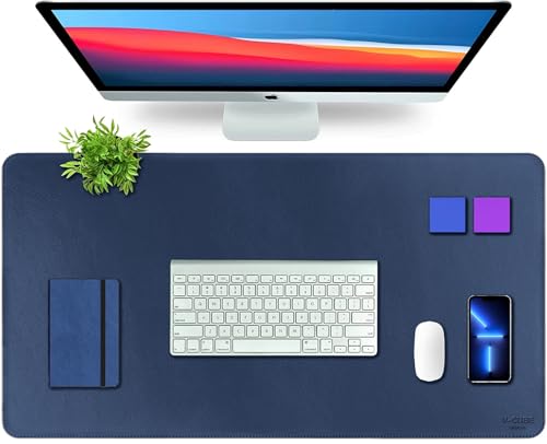 Premium Vegan Leather Desk Mat 90X45cm 2.4mm Thick&Padded|Laptop Mat/Extended Mouse Pad/Stitched, Reversible, Sturdy Deskspread with High Tear/Peel Strength|Anti-Slip,Splash-Proof|Blue