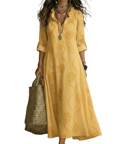 Vestido Camisero de Verano para Mujer Estilo Boho con Volantes, Bordado Floral y Mangas largas enrolladas — Túnica Casual de Playa Larga (Amarillo,S)