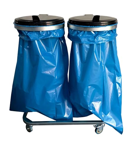 QUICK STAR Doppel Müllsackständer mit Deckel und 4 Rollen | Metall Müllsackhalter 120 Liter | Stabiler Müllsack Ständer - Verzinkter Stahl | Müllbeutelhalter Gelber Sack 120L | Mobiler Abfallbehälter