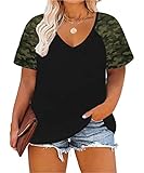 TIYOMI Plus Size Tunic Tops Raglan Short Sleeve Summer Deep V Neck Raglan Camo Camouflage Color Block Casual Loose Fit Shirt Army Green 3XL 22 24 Plus