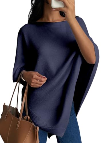 SHEWIN Women's Tops Casual Poncho Tops for Women Lightweight Ribbed Knit Business Casual Outfits Pullover Crochet Fall Sweaters for Women,(US 12-14) L,Navy Blue