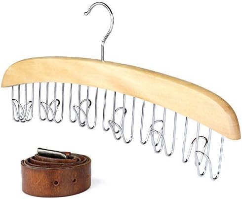 The Hanger Store Solid Wooden Belt and Scarf Space Saving Storage Hanger - 12 Chrome Hooks for Belts, Ties, Scarves, Accessories