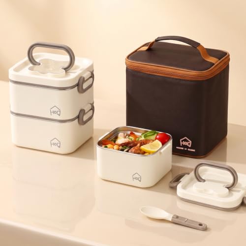 Image of House of Quirk 304 Stainless Steel Lunch Box, 3 Containers with 1 Divider Container, Insulated Lunch Bag & Spoon, Leakproof Bento Tiffin Box for Office, School & College, BPA Free (Beige)
