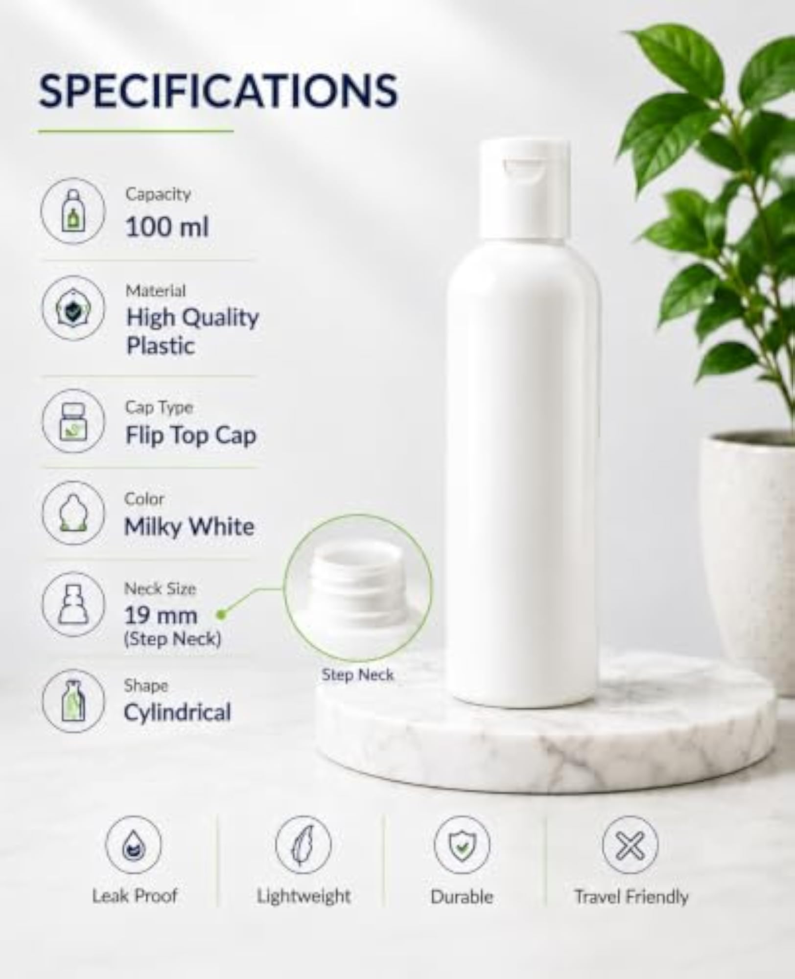 100 mL Milky Plastic Bottle with White Flip Cap
