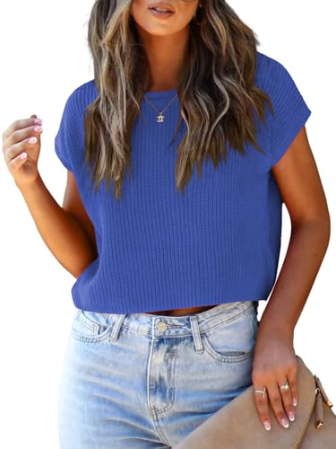 Image of LCXWFE Womens Summer Cropped Sweater Vest Trendy Cap Sleeve Crop Tops Crew Neck Loose Knit Tank Top