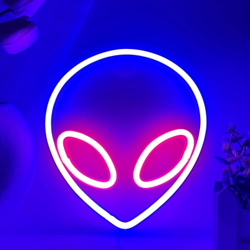 Image of Alien Neon Sign Blue and Pink Alien Light, Alien LED Sign Alien Head Lamp Gifts USB /Battery Powered Neon Sign for Man Cave Game Room Teen Bedroom, Party Decorations for Halloween, Christmas