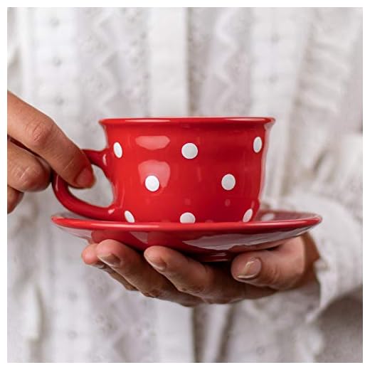 Handmade Red and White Polka Dot Ceramic 9oz/250ml | Cappuccino, Coffee, Tea Cup and Saucer, Unique Designer Pottery for Tea Lovers by City to Cottage