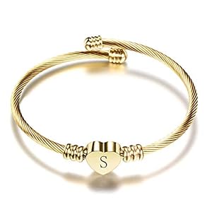 Initial Letter A to Z Gold Love Heart Bangle Cuff Bracelet for Women Alphabet Family Name Stainless Steel