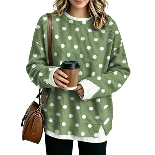 Waffle Knit Womens Oversized Sweatshirt Crew Neck Polka Dot Layered Shirts - image 2