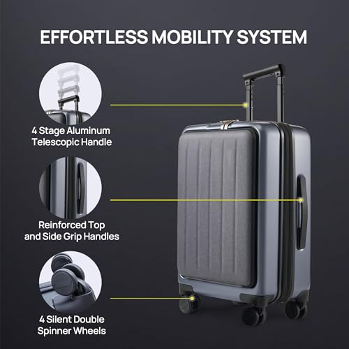 Image of NINETYGO Carry On Luggage 22X14X9 Airline Approved with Front Pocket, 20 Inch Luggage with Front Compartment, Expandable, Double Spinner Wheels, Hardsided PC, TSA Lock (Cool Grey, Seine Max)