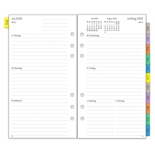 2026 2027 Wochenplaner Einlage Personal A6 6 Löcher Deutsch 1 Woche 2 Seiten mit Monatsübersicht Notizen Kontakt Aug 2026-Jul 2027 Kalender 2026/27 Planer Organizer Kalendereinlage 95x171mm
