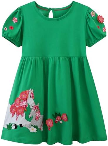 FreeLu Toddler Girls Cotton Summer Short Sleeve Dress Cartoon Print Casual Jersey Dresses(2T,Horses Green)