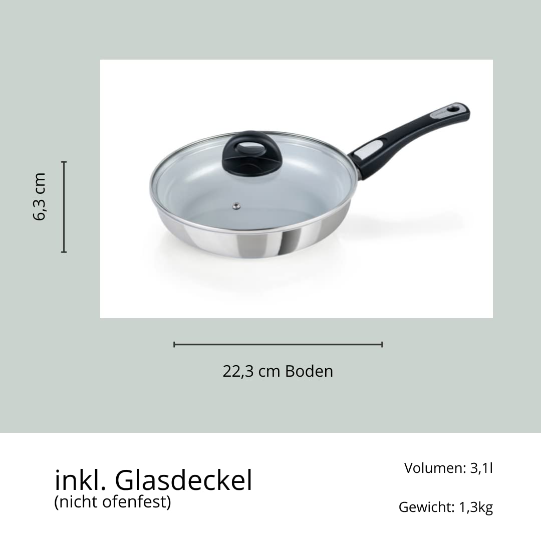 Genius Cerafit Steel Bratpfanne 28cm + Glasdeckel - ofenfeste Keramikpfanne mit kratzfester Antihaft-Beschichtung | Induktions-Pfanne mit abnehmbarem Griff für alle Herdarten