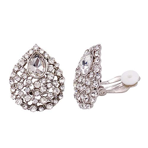 SELOVO Clear Austrian Crystal Teardrop Clip on Stud Earrings Rhinestone Silver Tone