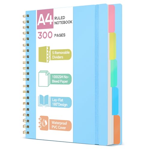 ihaspoko Cuaderno A4 con Separadores- Papel 100GSM Anti-Sangrado, 300 Páginas, Tapa Dura de PVC, Libreta de Proyectos Espiral para Escuela, Oficina y Regalos