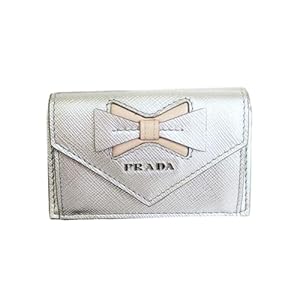 Prada Ribbon Saffiano Metallic Silver and Beige Leather Trifold Wallet