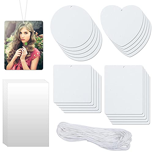 Rainmae 20 Pieces Sublimation Air Freshener Blanks Rectangle Shape Air Freshener Sheets for Car and Home Polyester Felt Air Freshener with Elastic Rope and 20 Bags for DIY HTV Inks Heat Press for Car Interior Use and Decor DIY