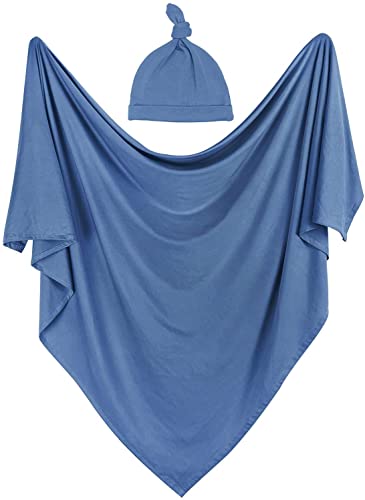Image of iEvolve Cotton Knitted Baby Swaddle Blanket with Hat Headband Set Newborn Swaddle Wrap Receiving Blankets for Baby Girl Boy 35" x 35"(Sapphire Blue)