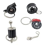GT//Rotors Carbon Fiber 5pc Mini Auto Parts Keychains - Turbo, Six Speed Manual Gearbox Stick Shift, Wheel, Red Brake Rotor, Wrench