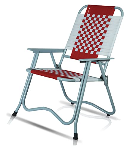Image of ARTEMIST Foldable Stripe Chair with Arm Rest Portable Chair with Durable Folding Frame, Ideal for Garden, Patio, Lawn, Balcony (Red,Chromium Steel)