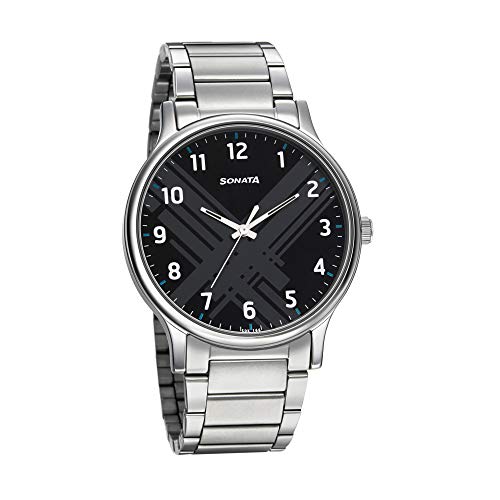Sonata Smart Plaid Quartz Analog Black Dial Silver Stainless Steel Strap Watch for Men - NT77105SM02W