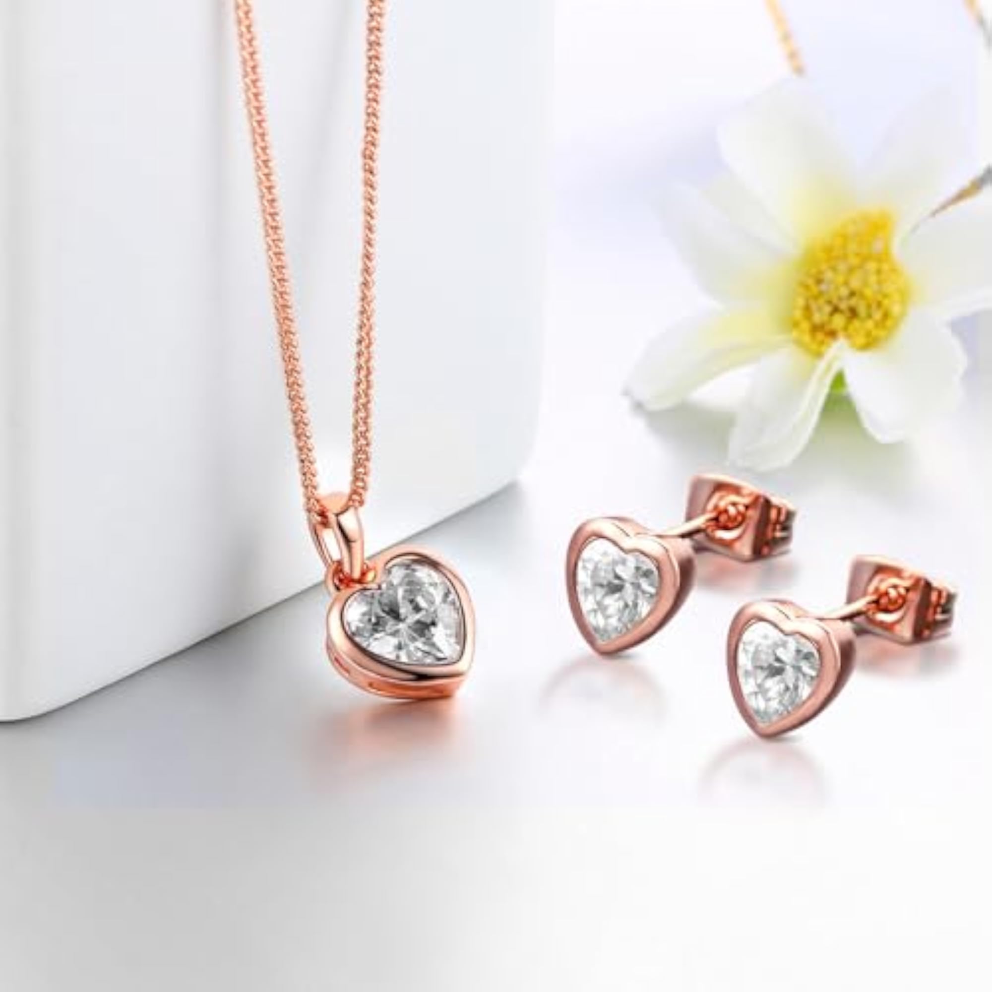 Heart Shape Cubic Zirconia Pendant Chain Stud Earrings Set