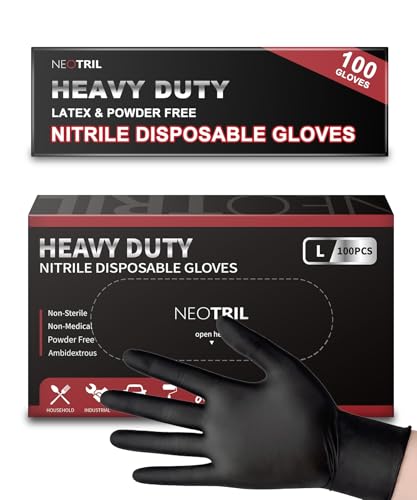 NEOTRIL 6 Mil Heavy Duty Black Nitrile Disposable Gloves, Latex-Free Powder-Free, Textured Grip Rubber Gloves for Cooking Food Prep Cleaning Mechanic, L | 100PCS