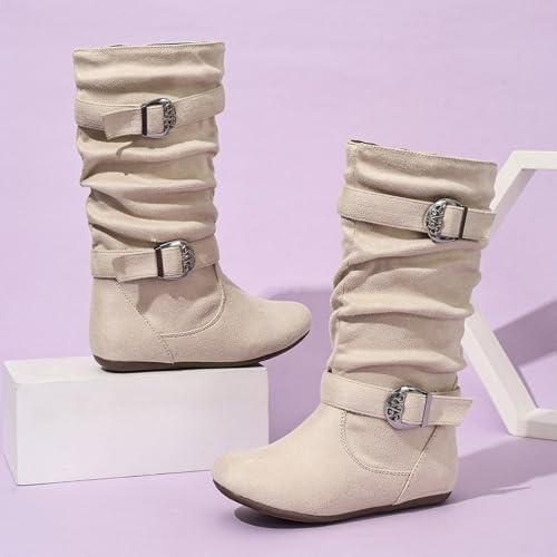 Mid Calf Boots for Girls Cute Two Buckle Zipper Flat Heel Boot Shoes Girl's Slouchy Slip On Casual Boots Round Toe Riding Boot for Fall Winter Spring2