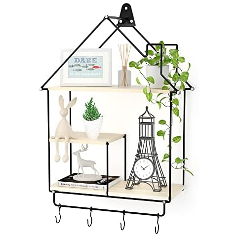 Tikea Floating Shelves, House-Shaped Wall Mounted Shelves for Storage, Modern Farmhouse Hanging Shelf with Metal Frames for Living Room Bedroom Bathroom Entryway Decor Cover