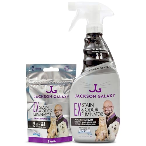 Jackson Galaxy EX Stain & Odor Eliminator - Cat Pee Cleaner Reusable 23oz Bottle with Refill Included - Fast Acting & Non-Toxic CO2 Based Pet Urine Remover - Made by a Trusted Cat Expert