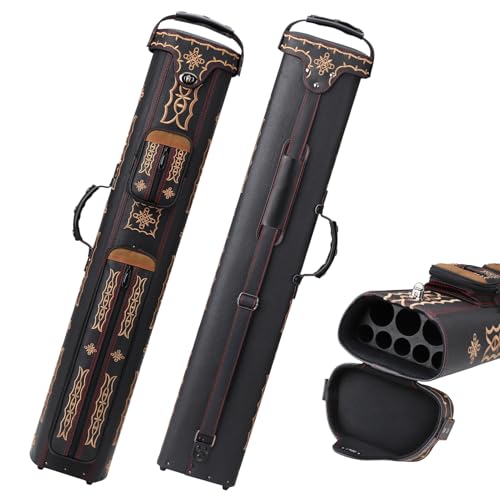 elraxw Pool Cue Case 3x5 Leatherette Hard Pool Cue Case Billiard Pool Stick Case with 4 Zippered Pockets, Embroidery Design, Holds 3 Butts and 5 Shafts