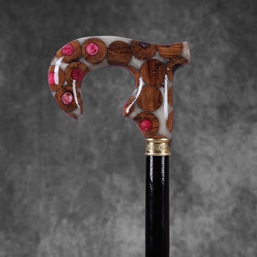Artistic Walking Stick with a Unique Wood and Blue Epoxy Handle, Walking Stick for Men Ornate Brass Collar, and Sleek Black Shaft