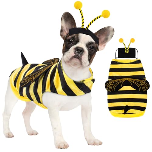Bee Dog Costume Halloween Dog Costumes for Small Medium Dogs Cats, Bumblebee Pet Outfit with Antenna Hat Funny Pet Costumes Cosplay Clothes Christmas Birthday Party