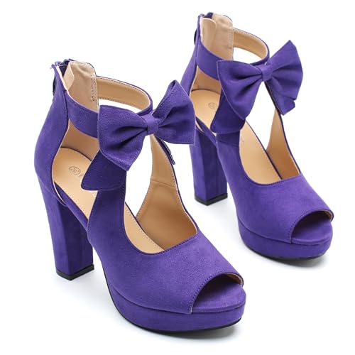 Image of fereshte Women's Bow Chunky Heel Sandals, Platform High Heel, Peep Toe, 3.94 Inch Block Heel
