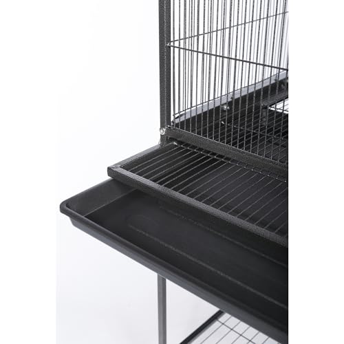 Image of Prevue Pet Products Flight Cage with Stand - Large Metal Bird Cage with Removable Tray, Wood Perches, Double Feeders & Storage Shelf on Rolling Casters, Ideal for Small to Medium Birds - Black