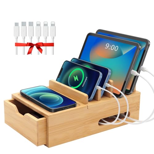 Product Image of the Bamboo Multi Device Charging Station Organizer with Drawer & Tray, Desk Docking Station Includes 6 Cables for iPhone, Cell Phones, Tablets, Power Banks for Home Office Nightstand (No USB Charger)