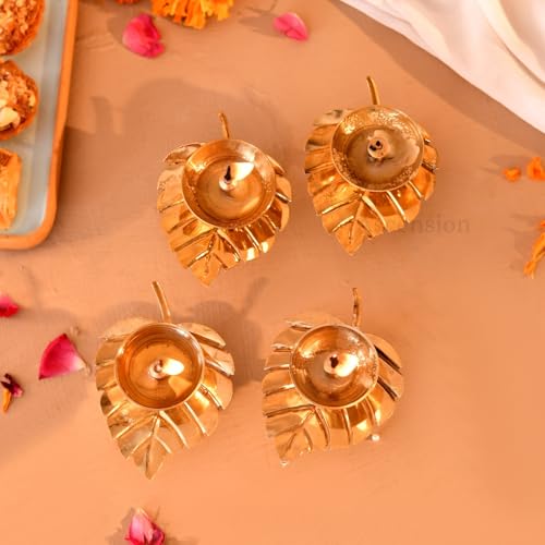 Image of Ascension Handcrafted Pack of 4 Metal Diya Decorative Leaf Shaped Lamp for Pooja Room aarti Temple mandir Diwali Decoration Gifting Housewarming Living Room Hall Festive Gift Item Home & Office Decor