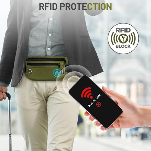 GlasFlength Flache Bauchtasche mit RFID Blocker, Diebstahlsicher Geldgürtel für Damen und Herren wasserdichte Tasche für Reisepass Diebstahlsichere Gürteltasche für Reise Sport (Olive)