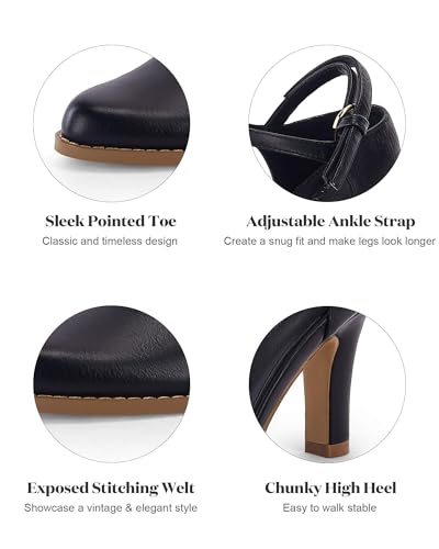 Image of Coutgo Womens Chunky High Heels Closed Pointed Toe Ankle Strap Pumps Vintage D'Orsay Dress Party Shoes
