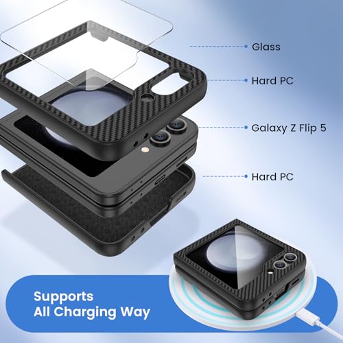 Image of Ruky for Z Flip 5 Case, Full Body Cover Anti-Scratches Shockproof Hard PC Ultra-Thin, Support Wireless Charging Protective Phone Cover for Samsung Galaxy Z Flip 5, Carbon Fiber