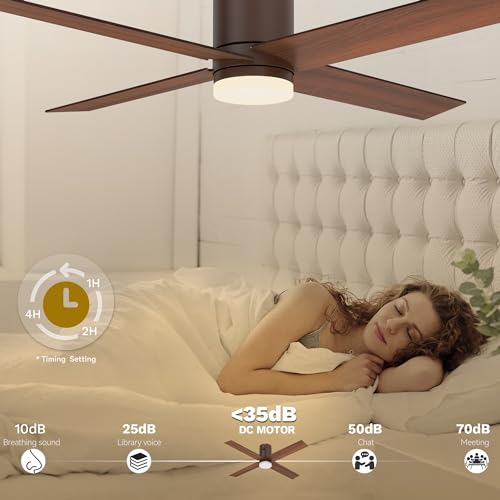 DWVO 52 Inch Flush Mount Ceiling Fan with Lights, Low Profile Reversible 4 Blade Ceiling Fan with Dimmable 3 Color Temperature, 6 Speed DC Motor, Memory Function for Bedroom, Living Room, Brown