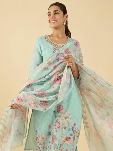 Image of INDO ERA Women's Straight Linen Floral Embroidered Kurta & Pant With Dupatta Set (IESTR10644)