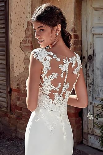 Image of White Lace Applique Wedding Dress for Bride Engagement Column Chiffon Long Formal Bridal Dresses Elegant Tulle Sheath Wedding Gown for Women US16