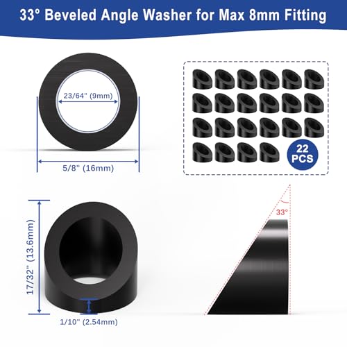 Image of 22Pack Black PVD Technology 33 Beveled Angle Washers for Stair Ends, Marine Grade T316 Angle Hardware, Beveled Edge Washer Max for 5 /16 inch Cable Railing Kit