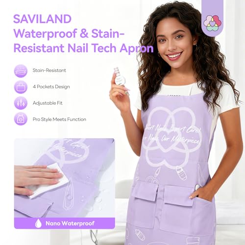 Image of SAVILAND Nail Tech Apron: Waterproof with Multiple Pockets Stain-Resistant Professional Cosmetics Apron Adjustable Salon Aprons for Manicurist Technician Artist 25 * 35cm Size Women Cosmetology Smock